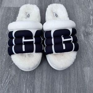 UGG Black and White Plush Slide Sandals